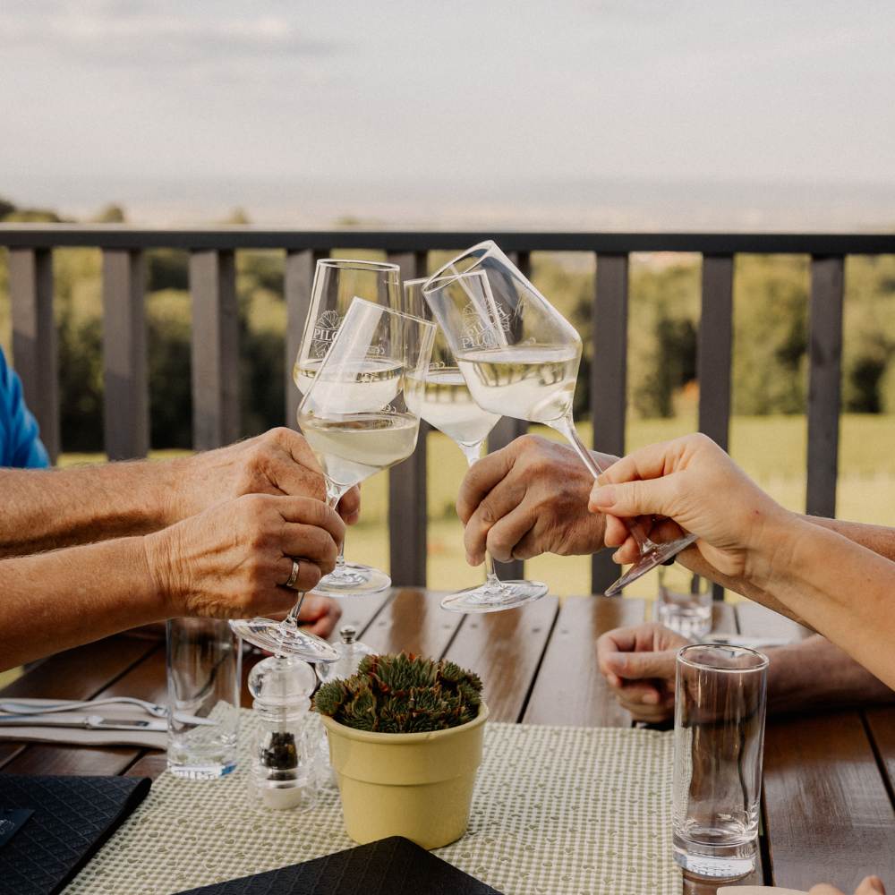 Weingut Pilch anstoßen Weißwein